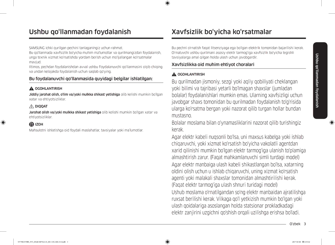 Samsung NV70K3370BB/WT, NV70K3370BS/WT manual Xavfsizlikka oid muhim ehtiyot choralari, Ozbek  